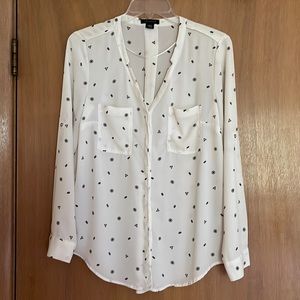 Metaphor Sheer Ivory Blouse with Black Geometric Print & Roll Tab Sleeves